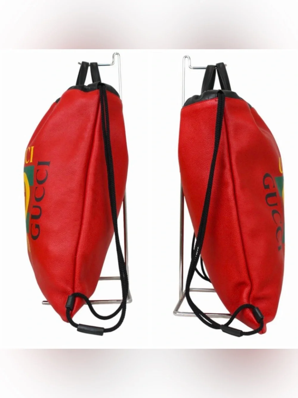Gucci Red Drawstring Backpack with Green and Yellow Logo